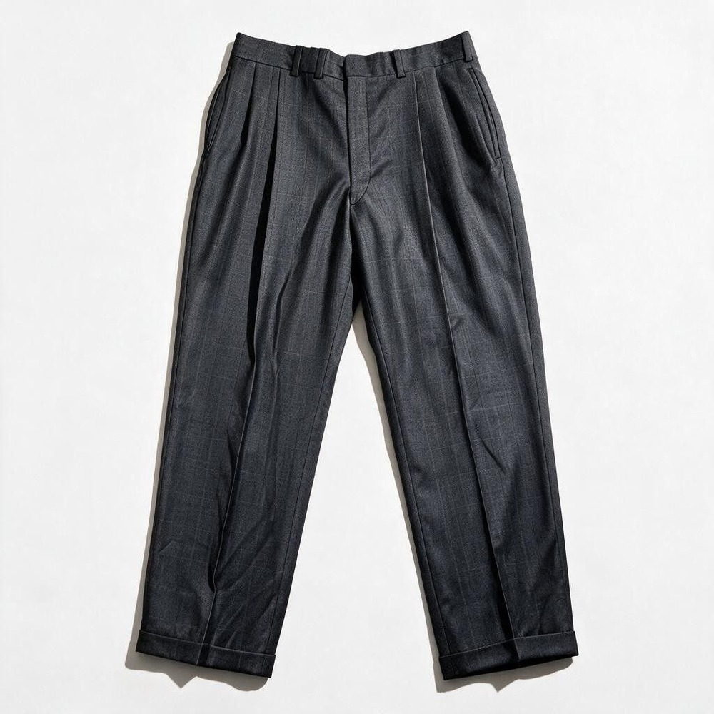 Pleated Dress Pants 33x28.5 Grey Glen Plaid Cuffed Trousers